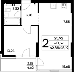 2-комн., 42.88 м²
