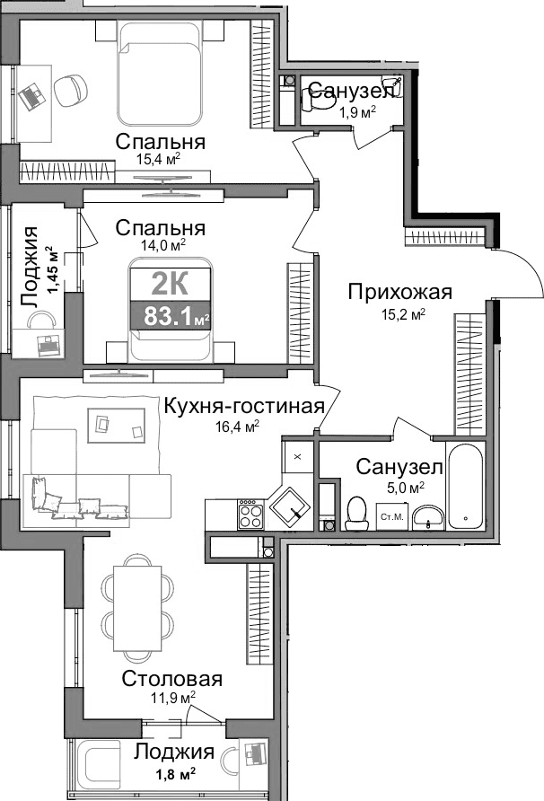 2-комн., 79.85 м²
