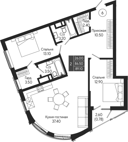 2-комн., 86.5 м²