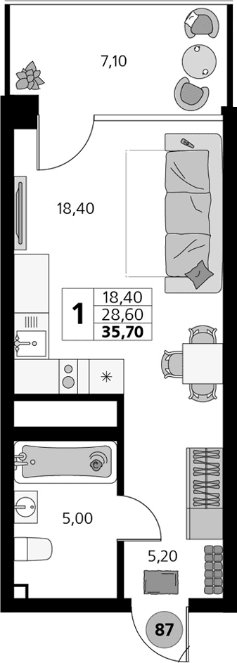Студия, 28.6 м²