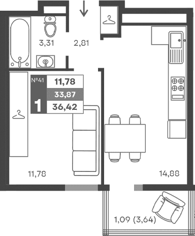 1-комн., 32.78 м²