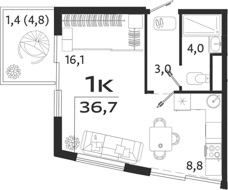 Студия, 31.9 м²