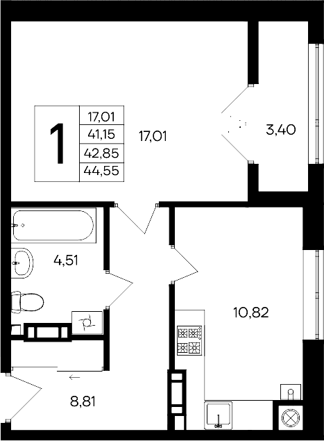 1-комн., 41.15 м²