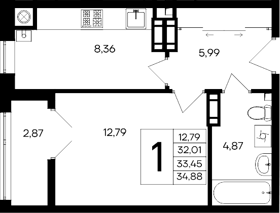 1-комн., 32.01 м²