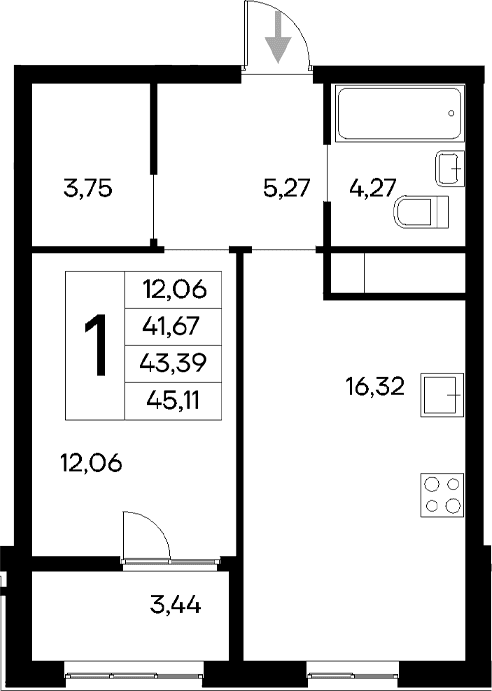 1-комн., 41.67 м²