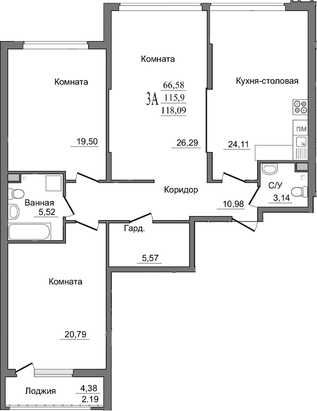 3-комн., 116.21 м²