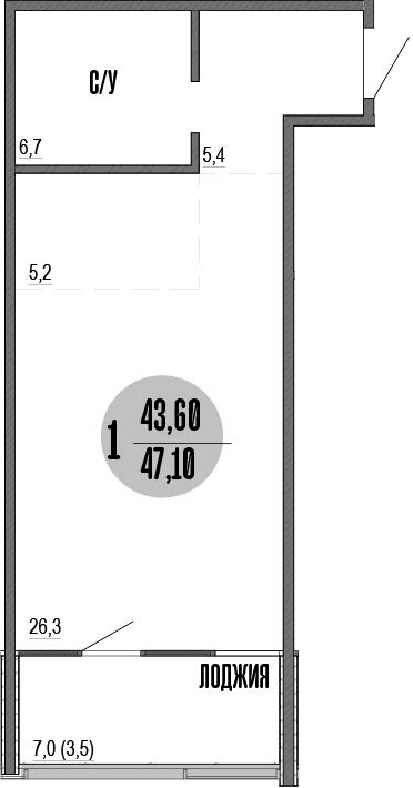 Студия, 43.9 м²