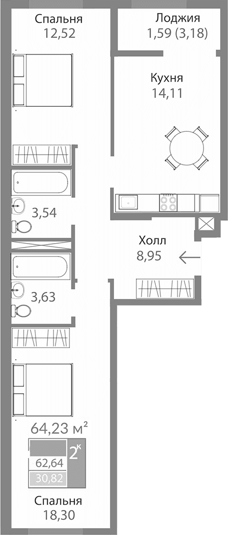 2-комн., 61.05 м²