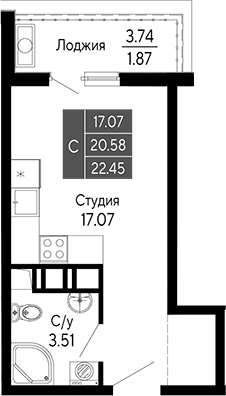 Студия, 20.58 м²