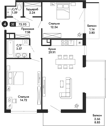 3-комн., 72.15 м²