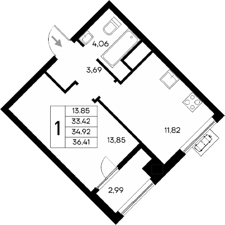 1-комн., 33.42 м²
