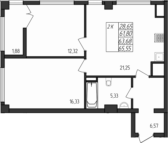 2-комн., 61.8 м²