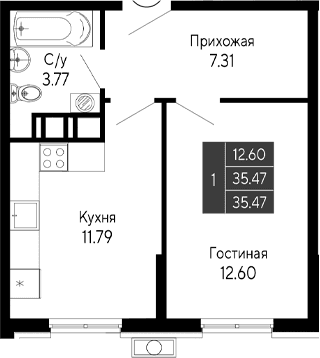 1-комн., 35.47 м²