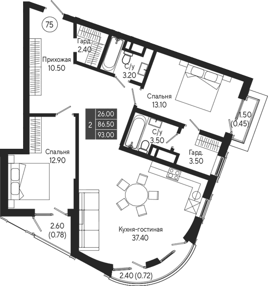 2-комн., 86.5 м²