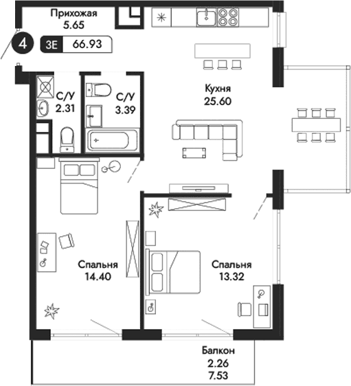 3-комн., 64.67 м²