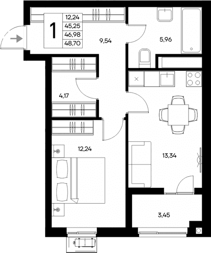 1-комн., 45.25 м²