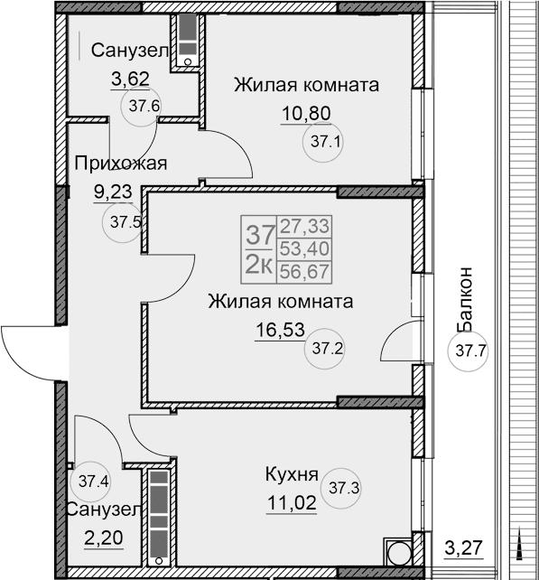 2-комн., 53.4 м²