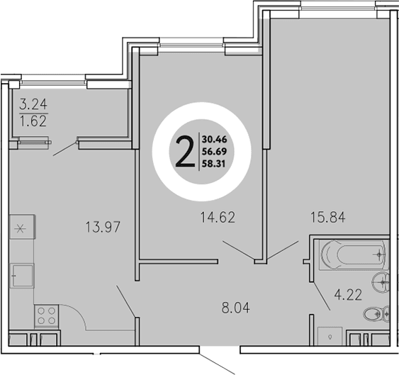 2-комн., 56.69 м²