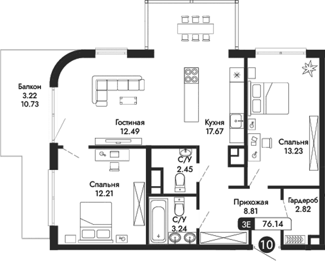 3-комн., 72.92 м²