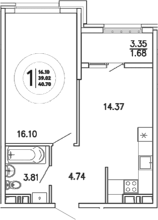 1-комн., 39.02 м²