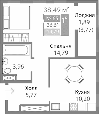 1-комн., 34.72 м²