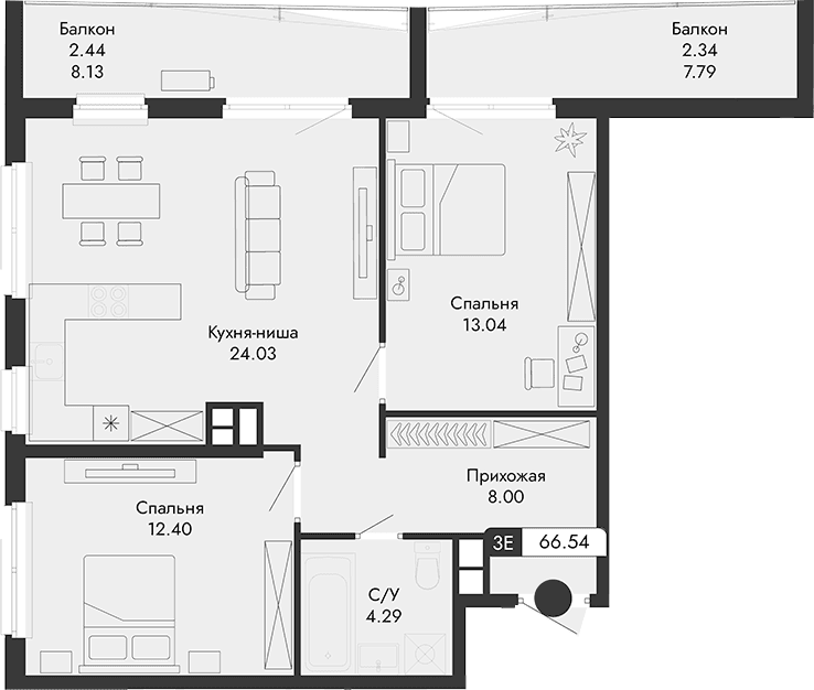 3-комн., 61.76 м²