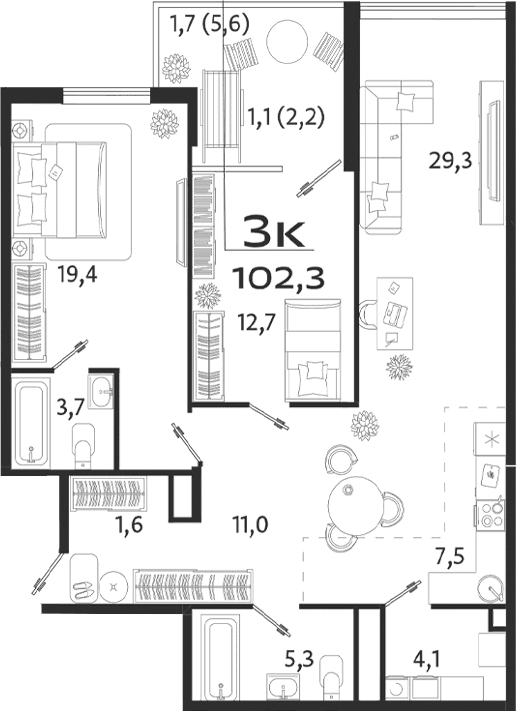 3-комн., 94.5 м²