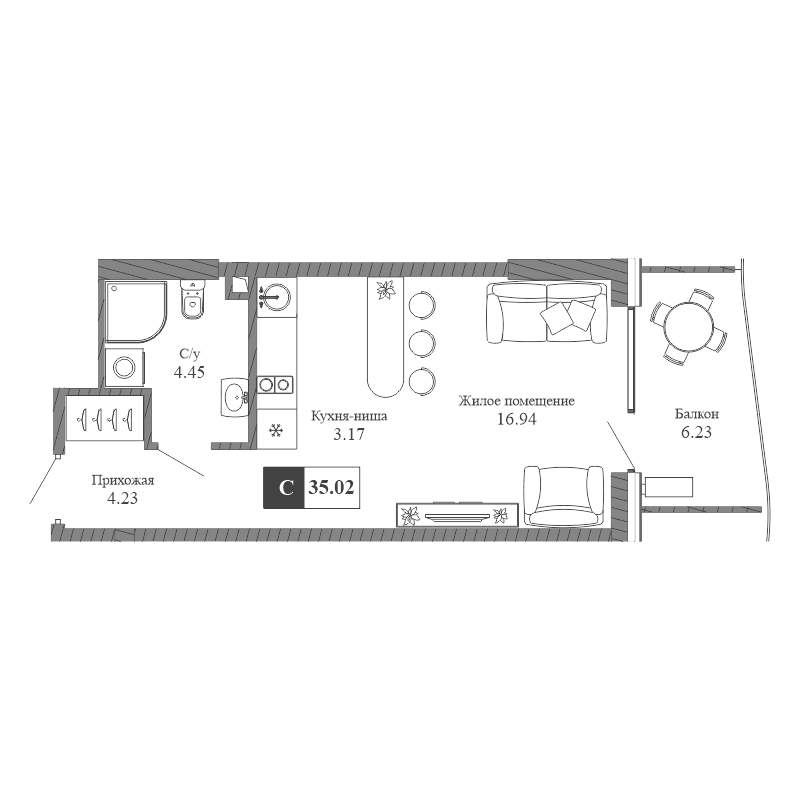 Студия, 28.79 м²