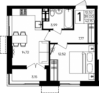 1-комн., 39 м²