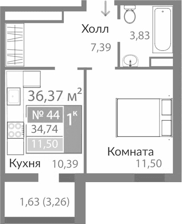 1-комн., 33.11 м²