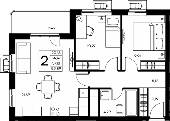 2-комн., 54.47 м²