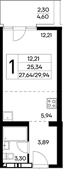 Студия, 27.64 м²