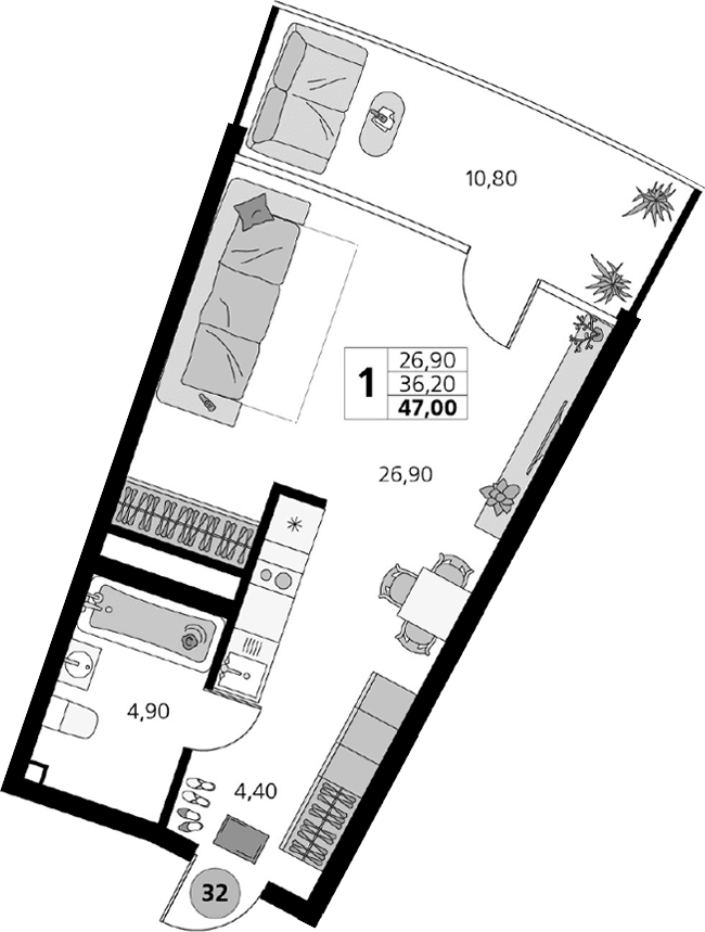 Студия, 36.2 м²
