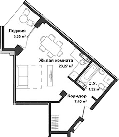 Студия, 34.55 м²
