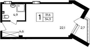 Студия, 31.6 м²