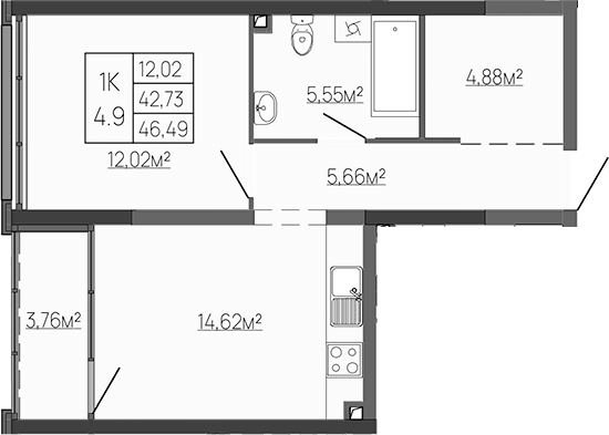 1-комн., 42.73 м²