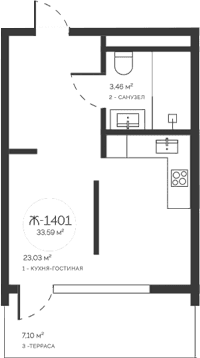Студия, 26.49 м²
