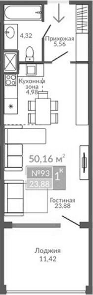 Студия, 38.74 м²