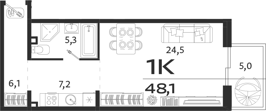 Студия, 43.1 м²