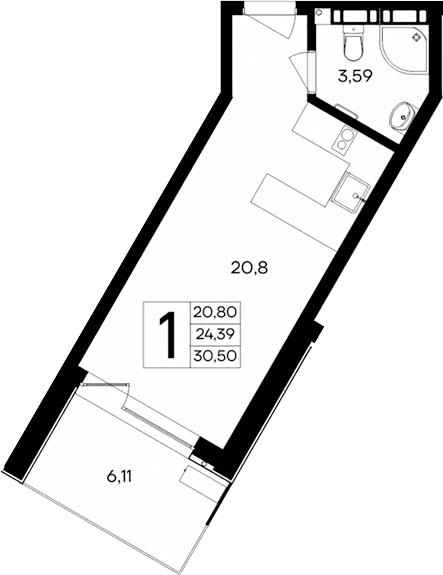 Студия, 24.39 м²