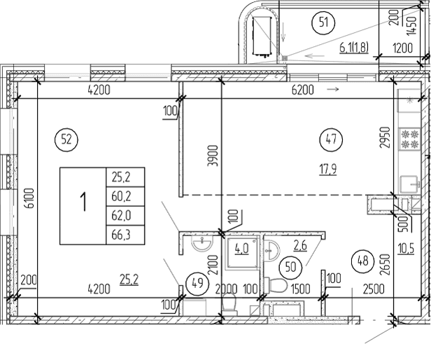 1-комн., 60.2 м²