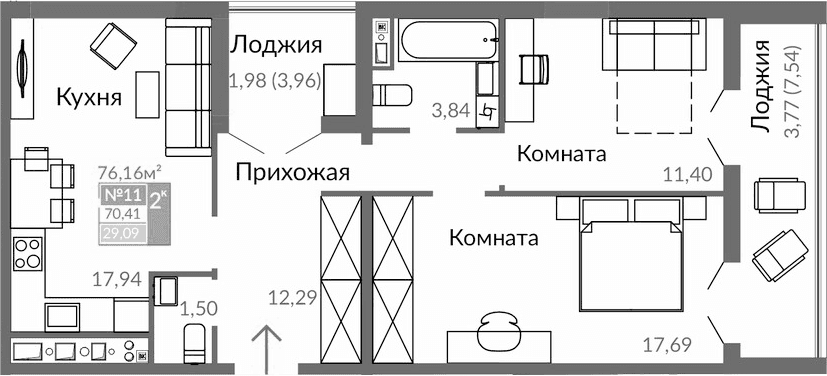 2-комн., 64.66 м²