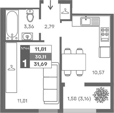 1-комн., 28.53 м²