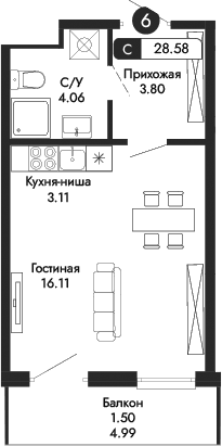 Студия, 27.08 м²