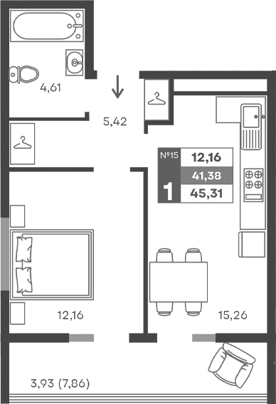 1-комн., 37.45 м²