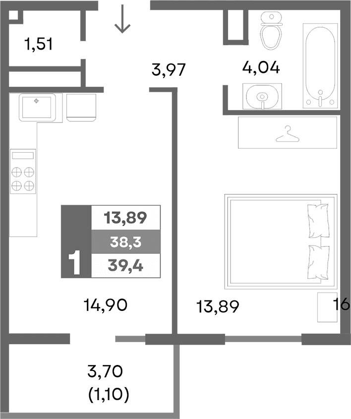 1-комн., 38.3 м²