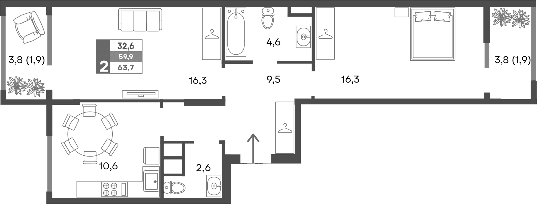 2-комн., 59.9 м²