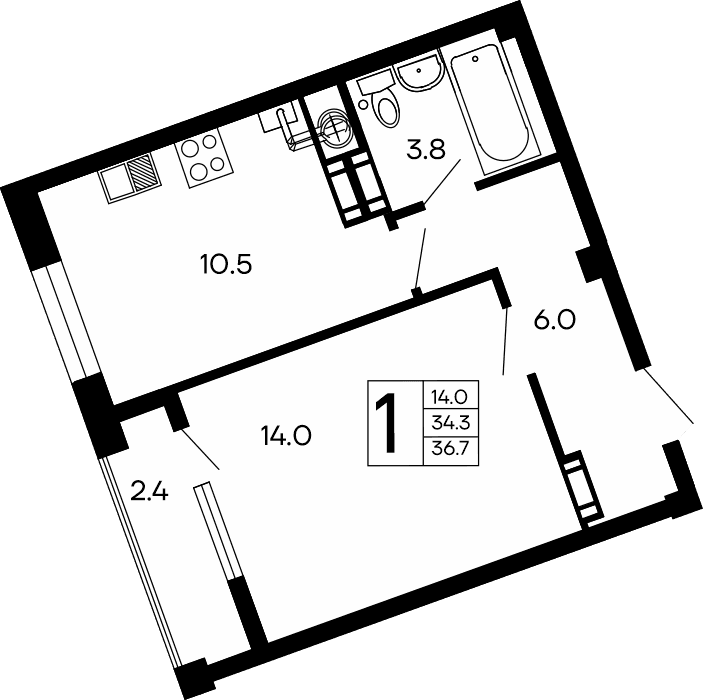 1-комн., 34.3 м²
