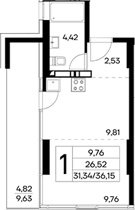Студия, 31.33 м²