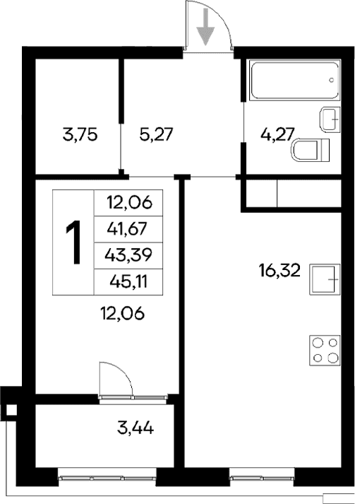 1-комн., 41.67 м²
